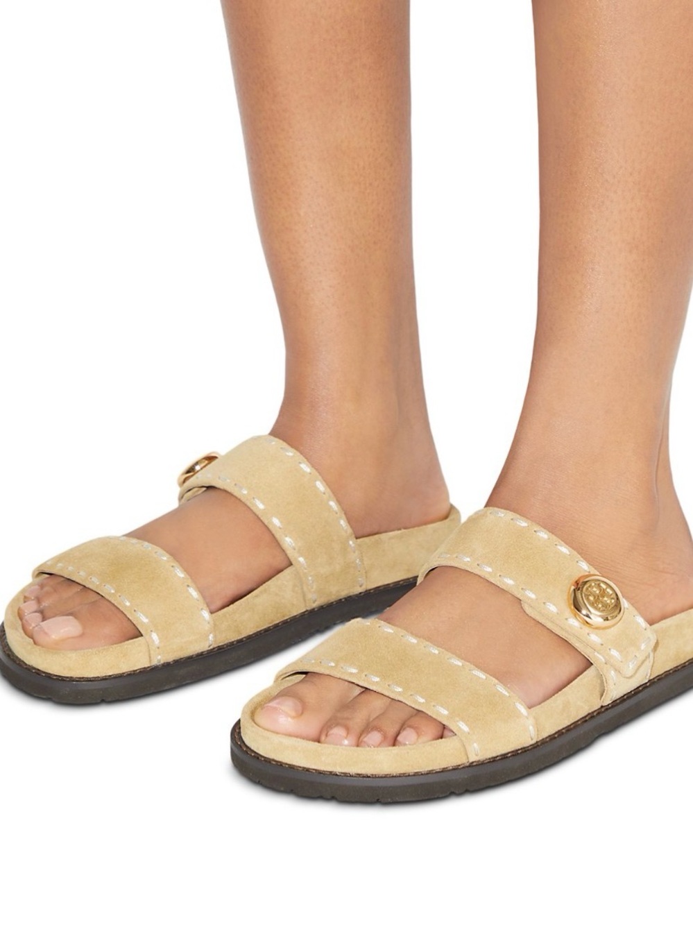 Tory Burch Beige Suede Double Strap Sport Slide Sandals Gold Logo Romy EUC 8.5 - Picture 2 of 4